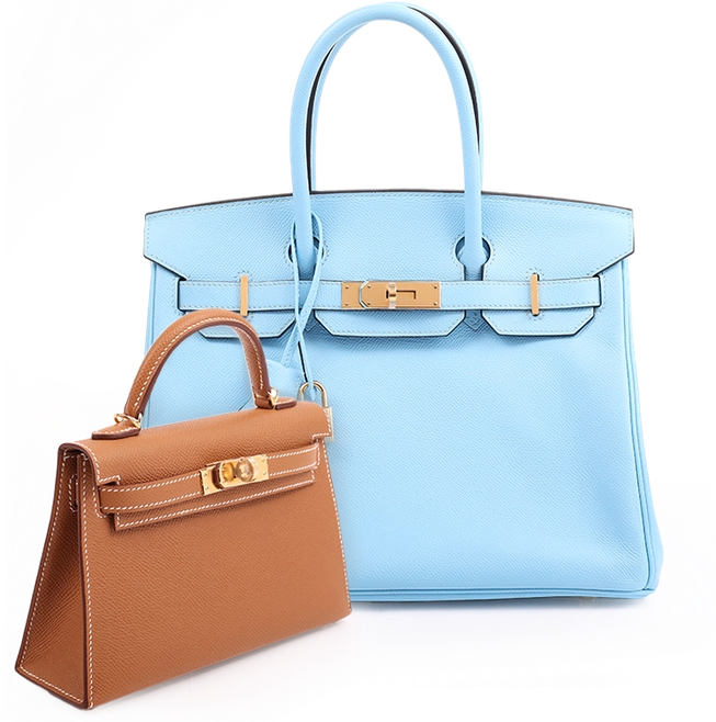 Hermès Blue Birkin and Gold Kelly handbags